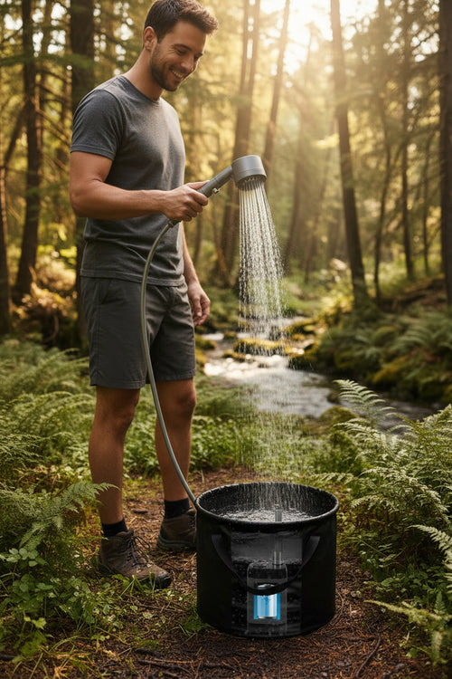 Camp Shower Pro complete package contents — all accessories included