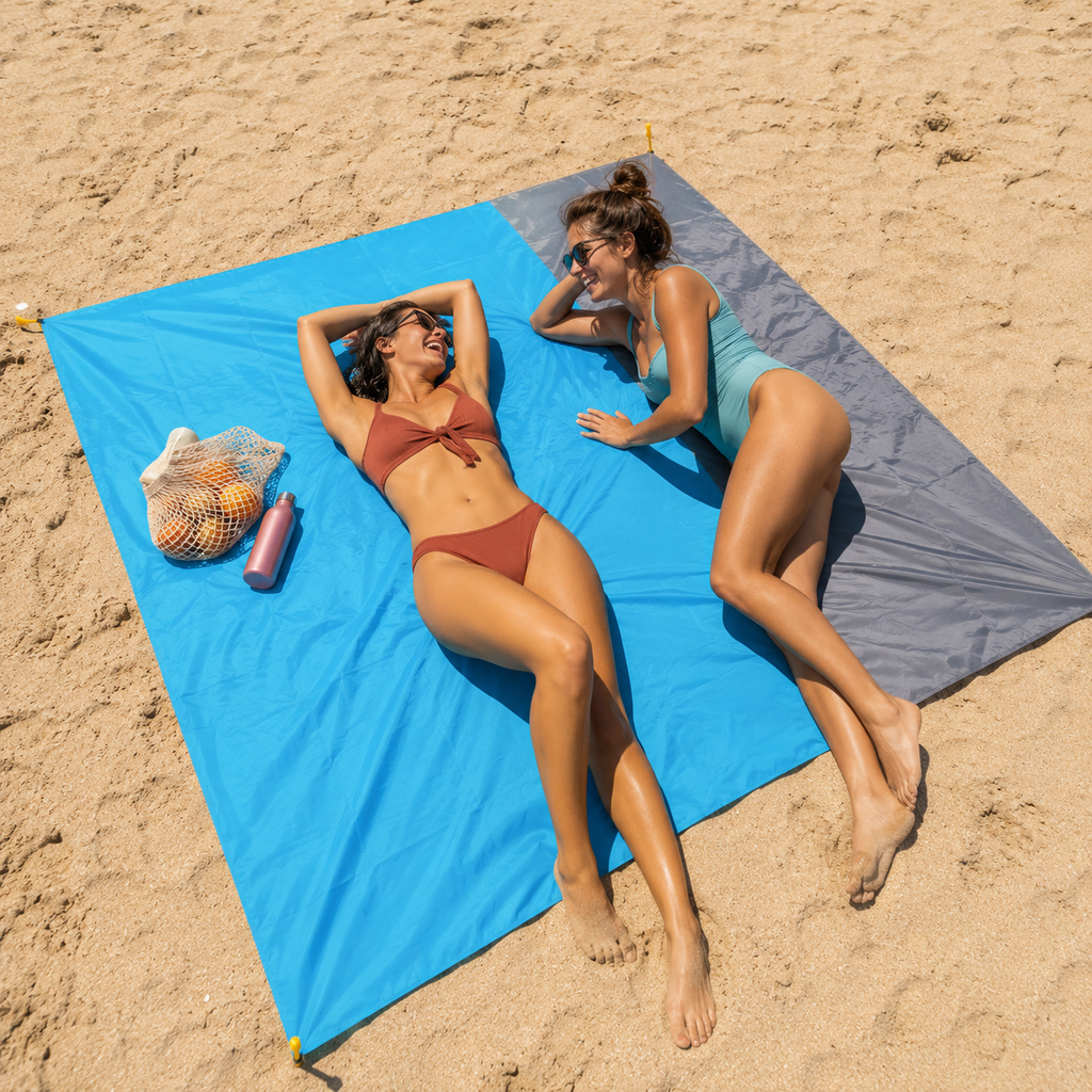 SandAway blue beach blanket with ground stakes installed