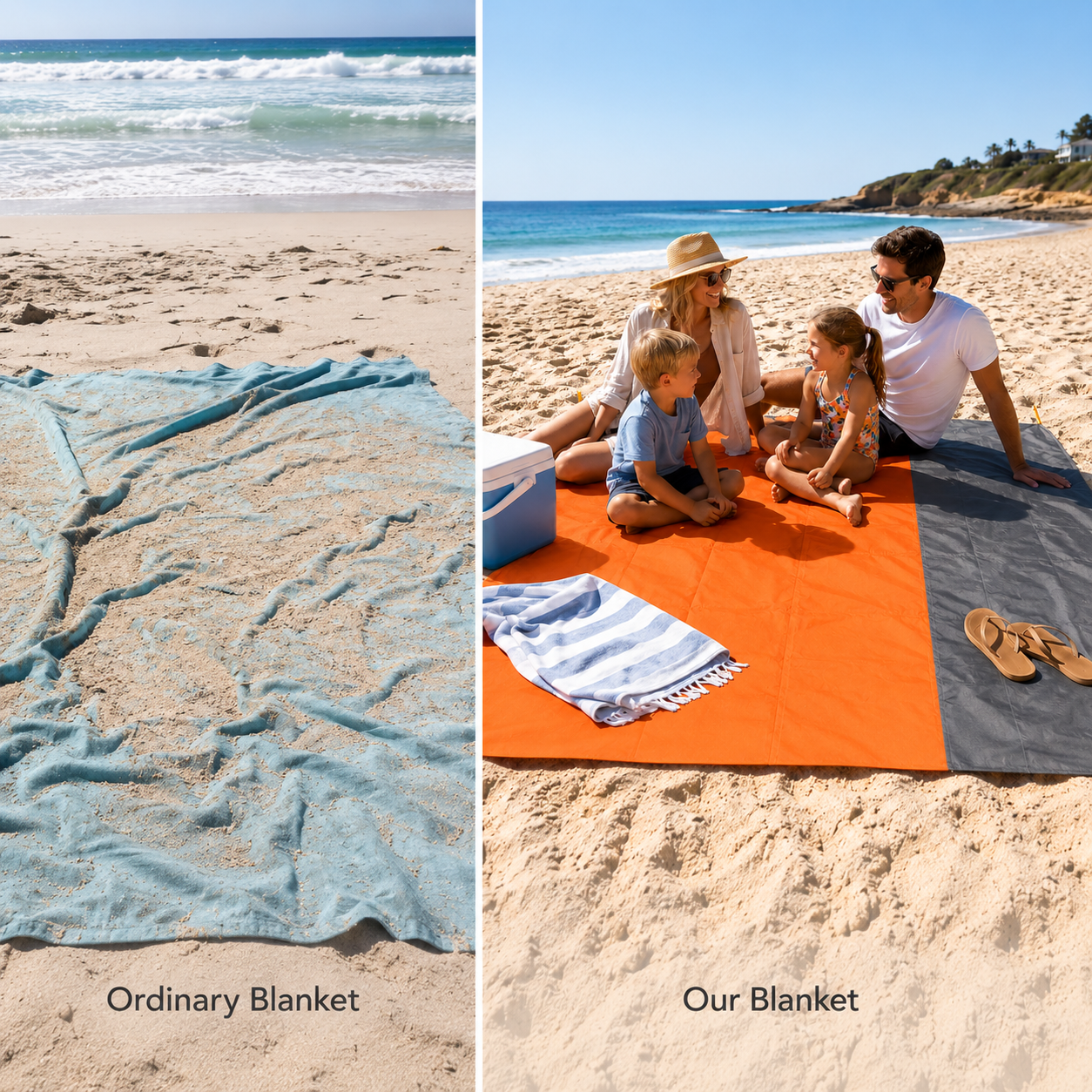 SandAway orange beach blanket with ground stakes installed