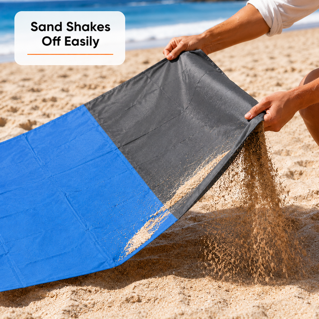 SandAway blue beach blanket spread on sandy beach