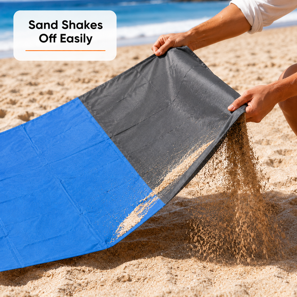 SandAway blue beach blanket spread on sandy beach